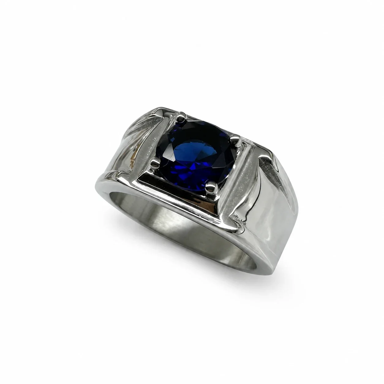 Bold 316 Stainless Steel Round Stone Signet Ring - Dark Blue