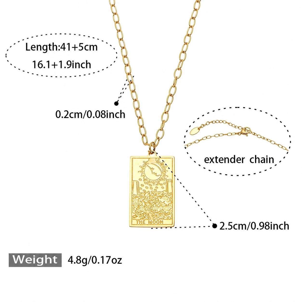 Layered Gold PVD 316L Geometric Tag Moon Coin Necklace - Gold Square Moon 41+5 cm