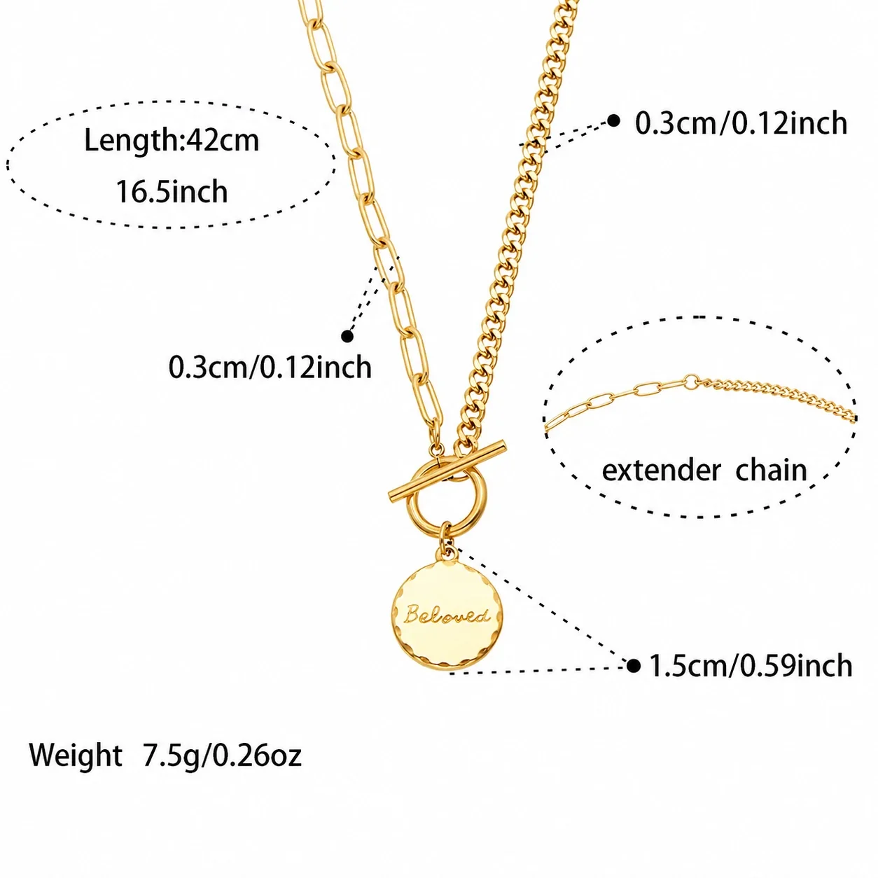 Layered Gold PVD 316L Geometric Tag Moon Coin Necklace - Gold Round 42 cm