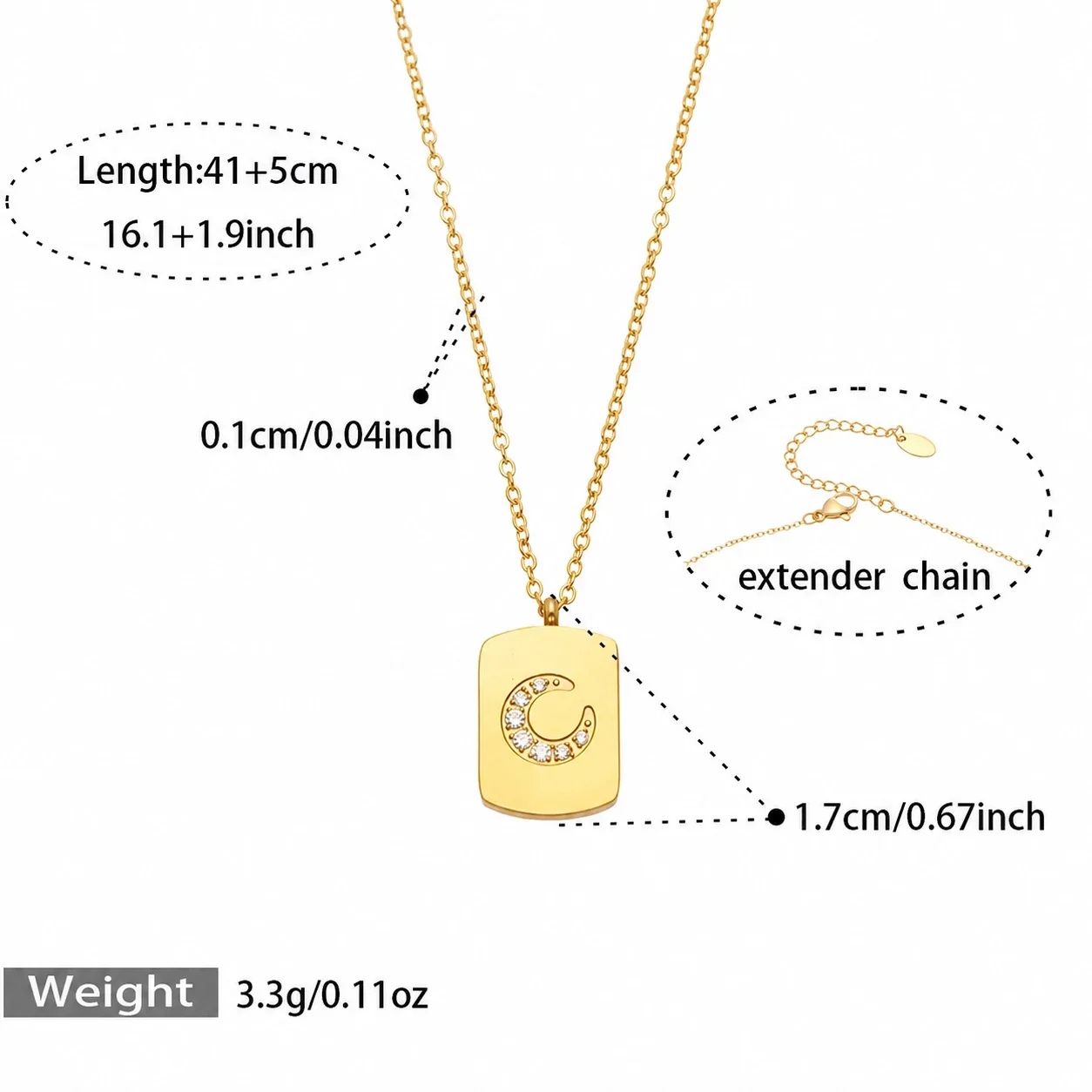 Layered Gold PVD 316L Geometric Tag Moon Coin Necklace - Gold Pavé CZ Moon 41+5 cm