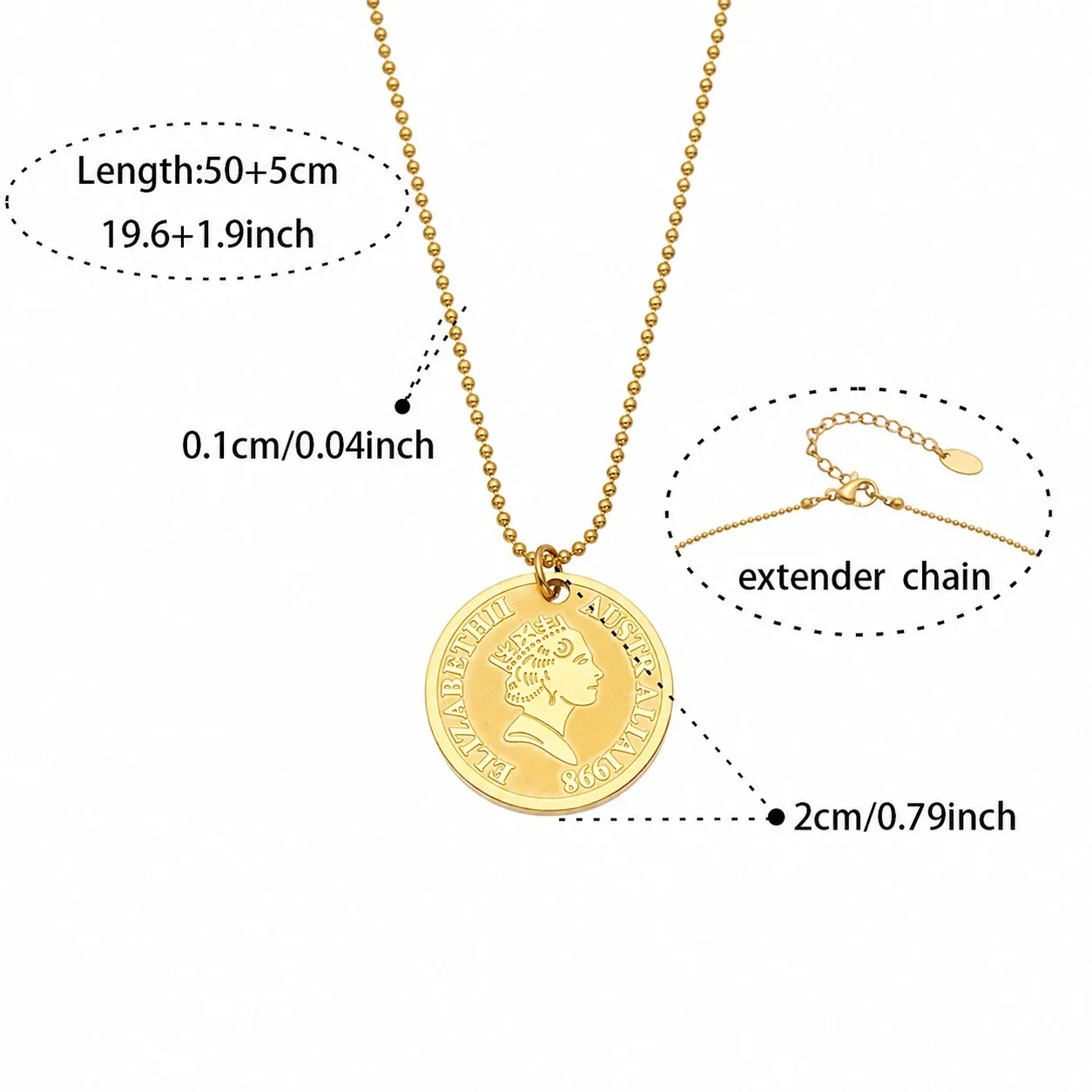 Layered Gold PVD 316L Geometric Tag Moon Coin Necklace - Gold Round Portrait 50+5 cm