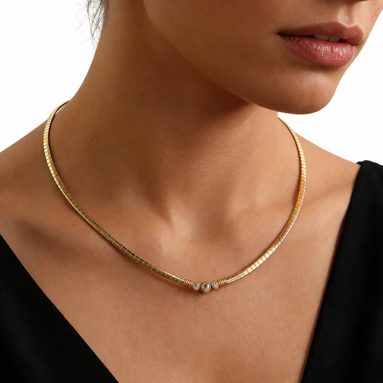 Snake Chain Necklace with Three Bezel Crystals, Stainless Steel