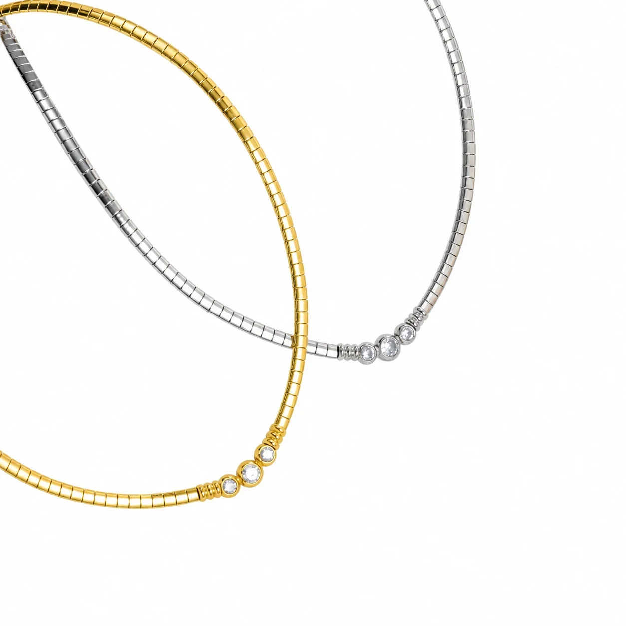 Snake Chain Necklace with Three Bezel Crystals, Stainless Steel