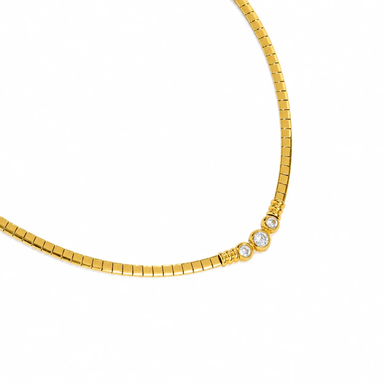 Snake Chain Necklace with Three Bezel Crystals, Stainless Steel