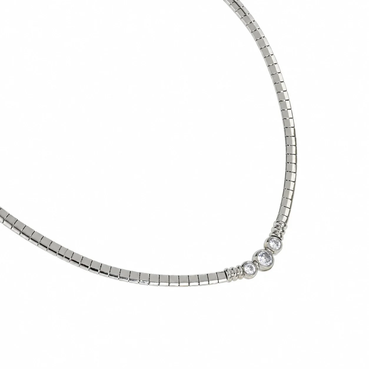 Snake Chain Necklace with Three Bezel Crystals, Stainless Steel