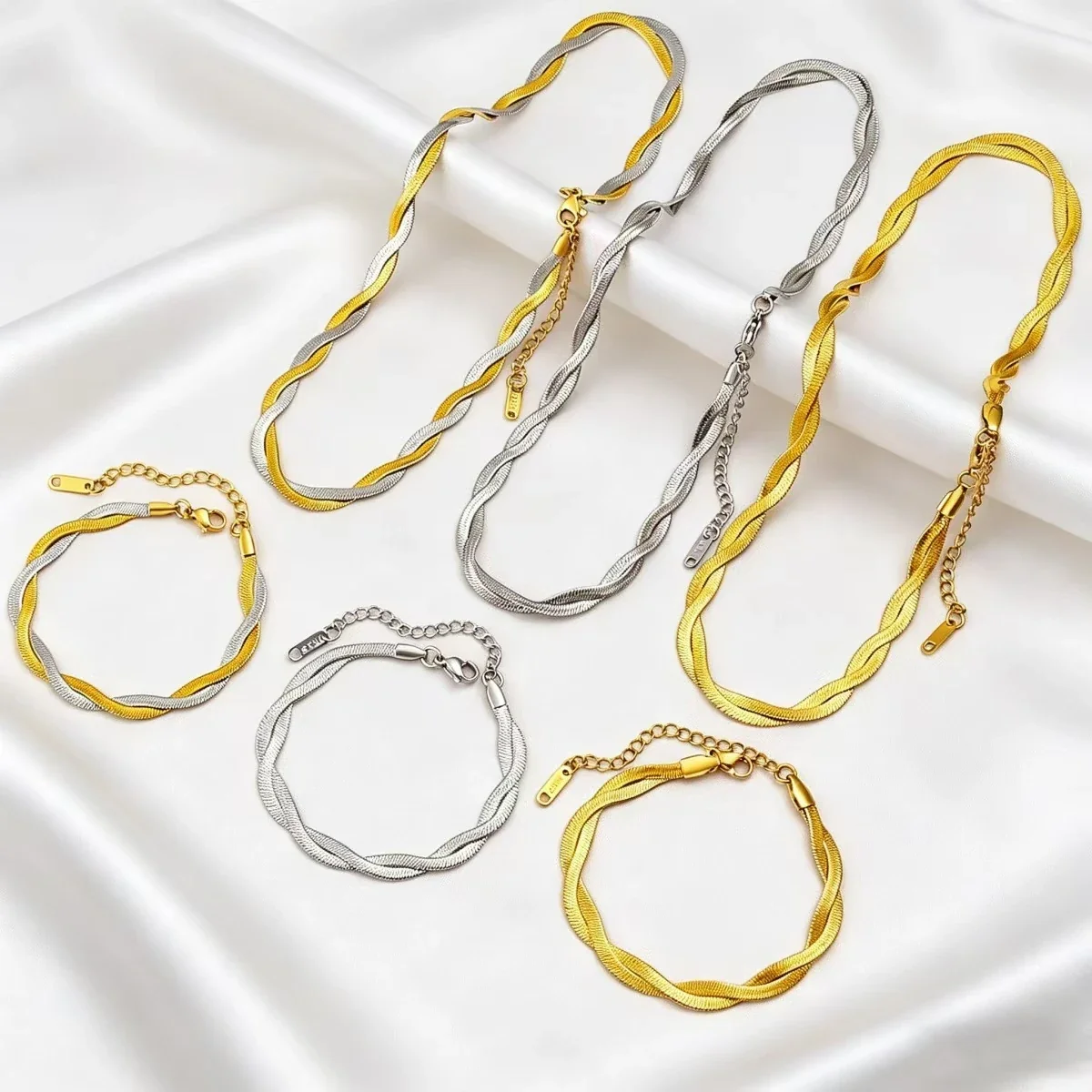 Snake Chain Necklace with Twisted Double Strands, Stainless Steel