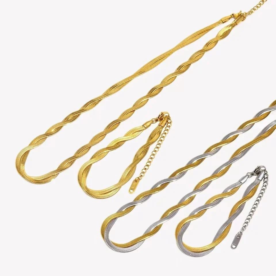 Snake Chain Necklace with Twisted Double Strands, Stainless Steel