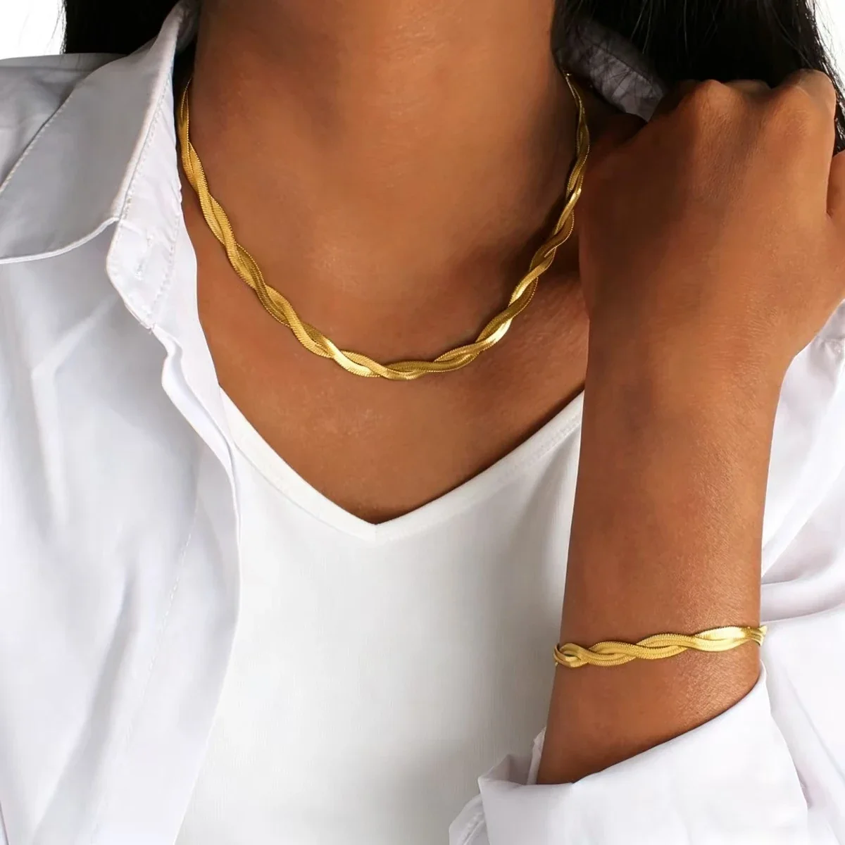 Snake Chain Necklace with Twisted Double Strands, Stainless Steel