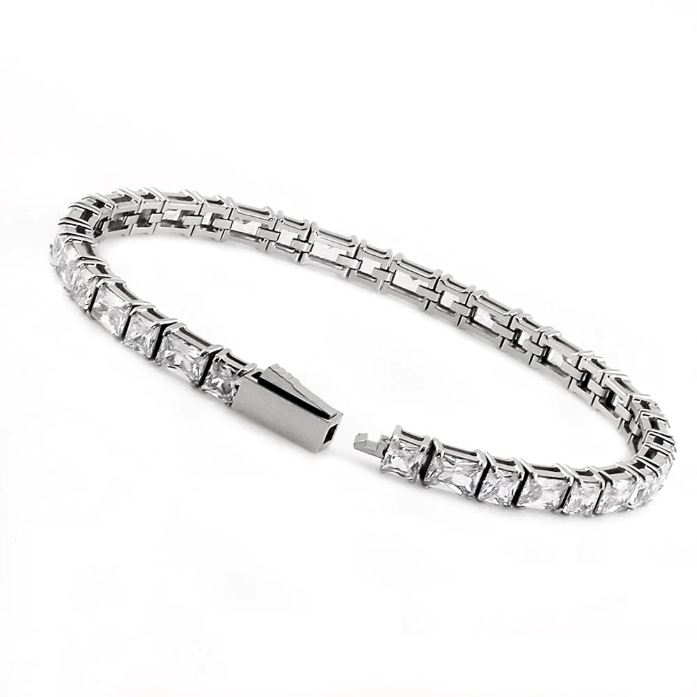 Tennis Bracelet Round Baguette CZ 316 Stainless Steel - Square & Rectangular CZ, 20 cm, Silver