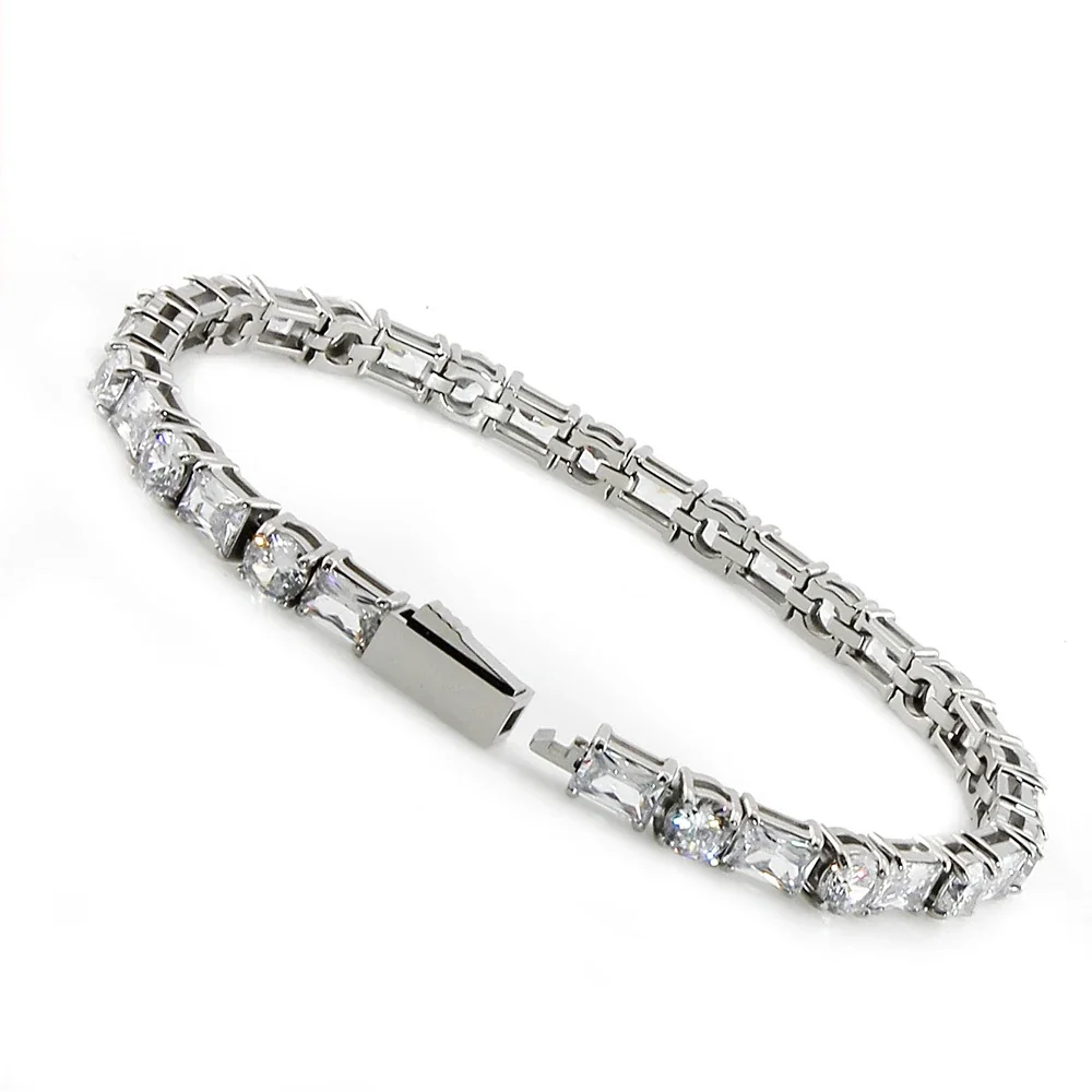 Tennis Bracelet Round Baguette CZ 316 Stainless Steel - Round & Rectangular CZ, 20 cm, Silver