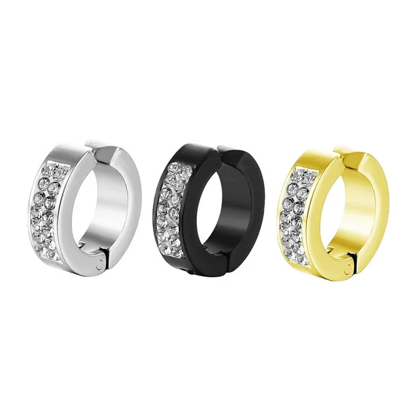Polished Stainless Steel Crystal-Row Hinged Huggie Earrings