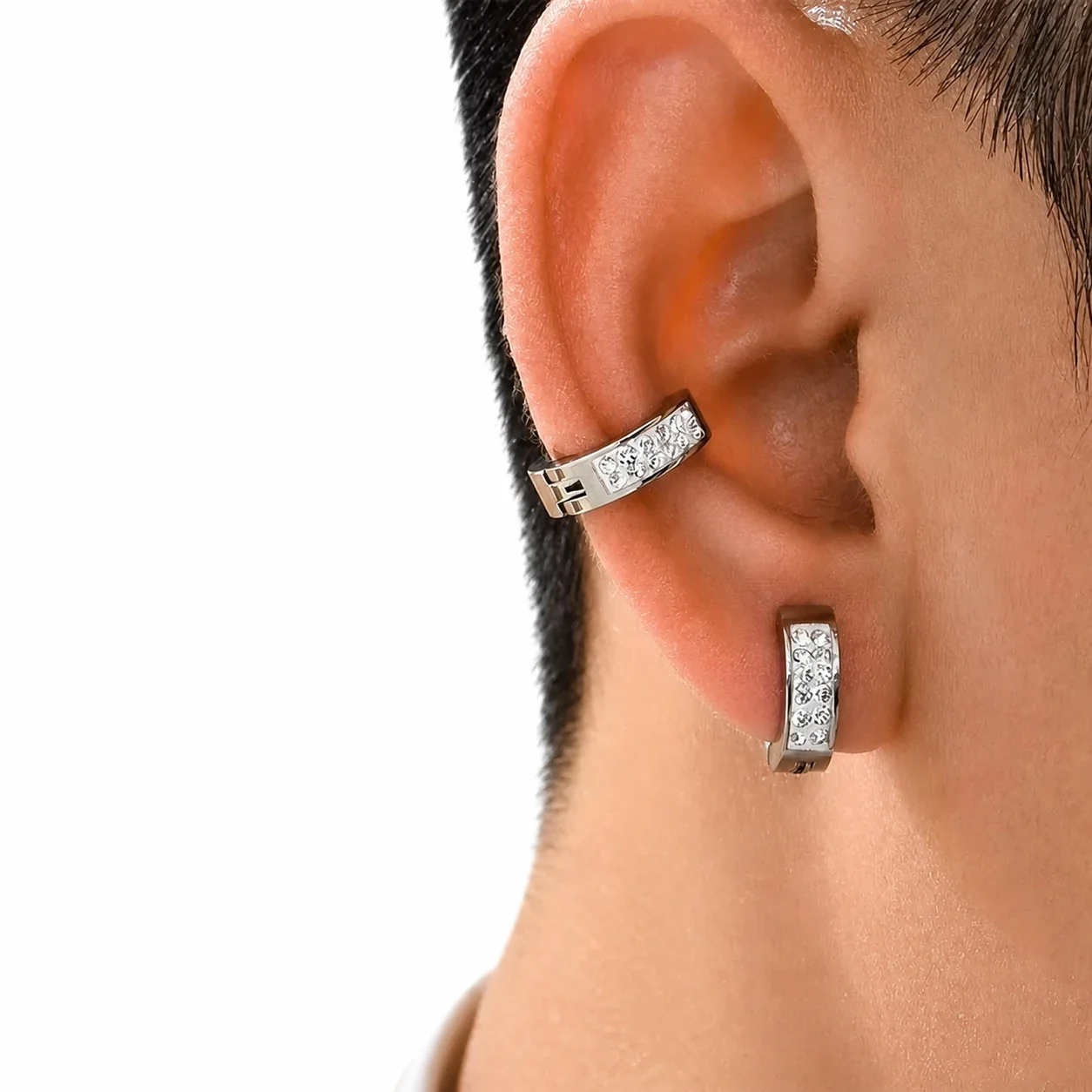 Polished Stainless Steel Crystal-Row Hinged Huggie Earrings