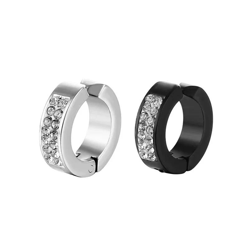 Polished Stainless Steel Crystal-Row Hinged Huggie Earrings
