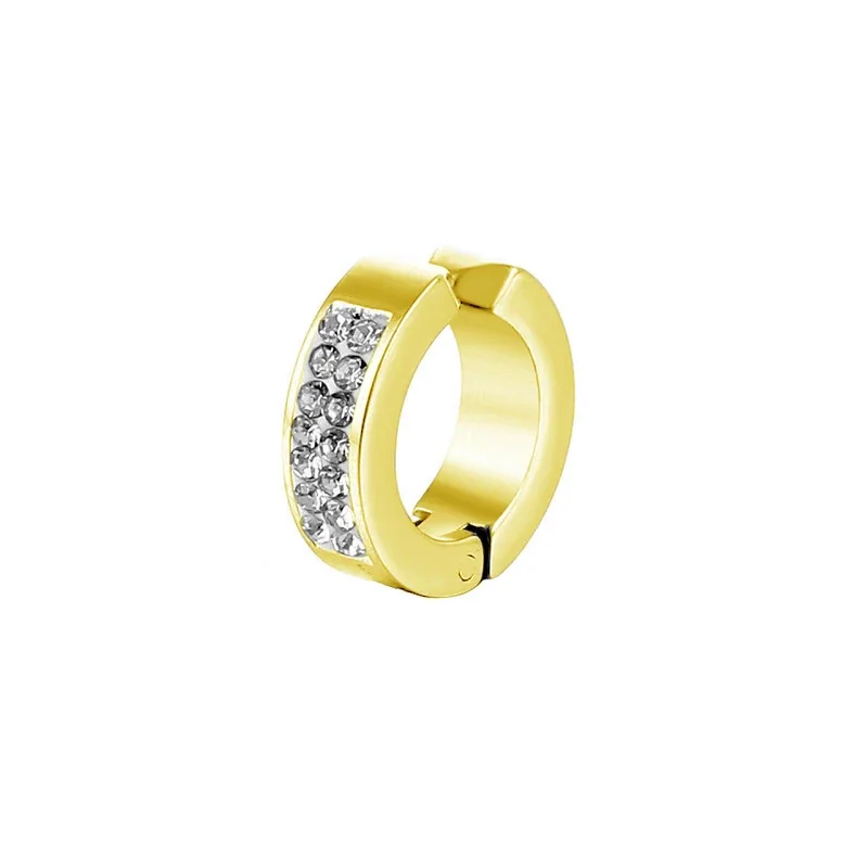 Polished Stainless Steel Crystal-Row Hinged Huggie Earrings
