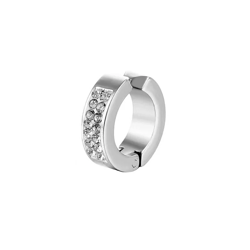 Polished Stainless Steel Crystal-Row Hinged Huggie Earrings - Silver Clip-On