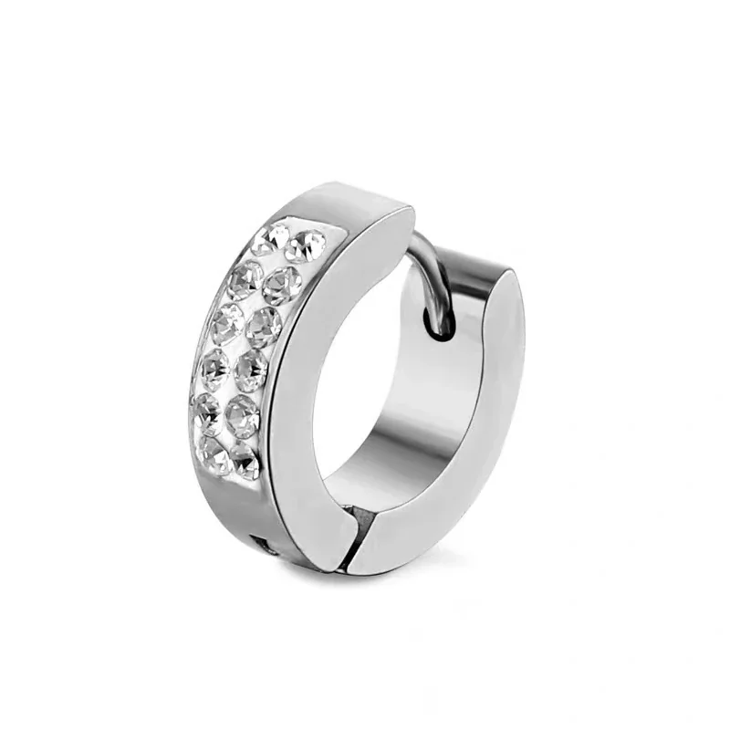Polished Stainless Steel Crystal-Row Hinged Huggie Earrings - Silver Post