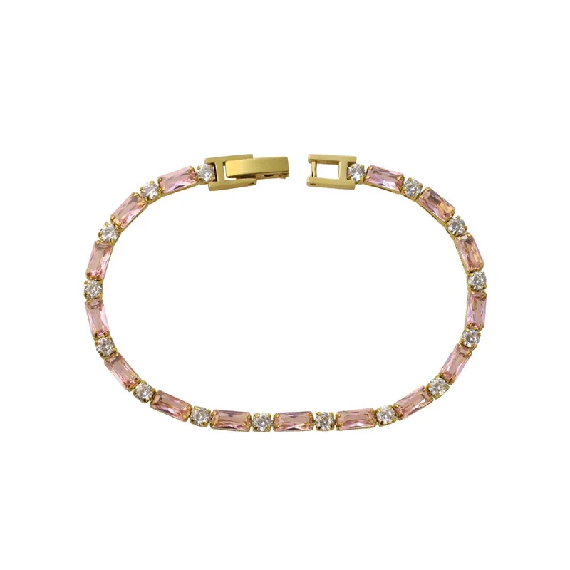 Tennis Bracelet Baguette CZ 18K Gold-Plated Stainless Steel - Gold Pink CZ