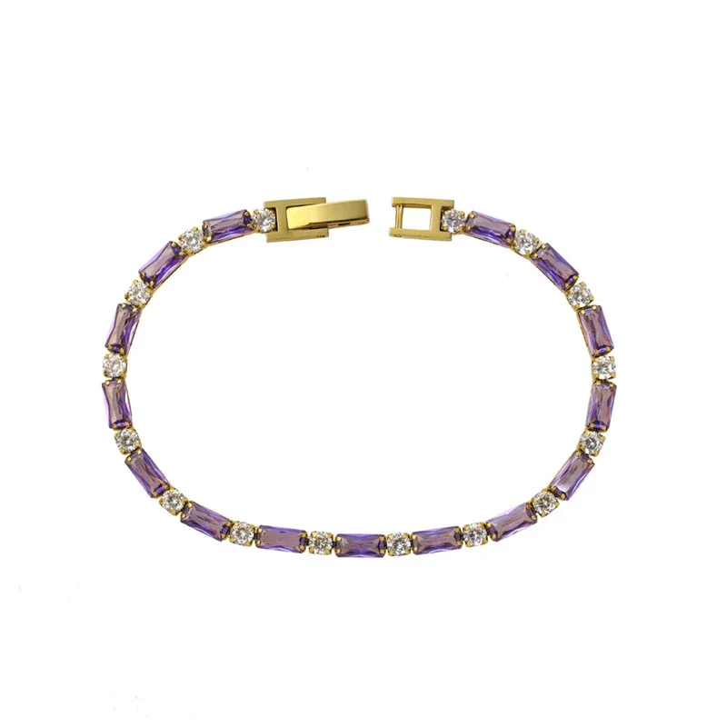 Tennis Bracelet Baguette CZ 18K Gold-Plated Stainless Steel - Gold Purple CZ