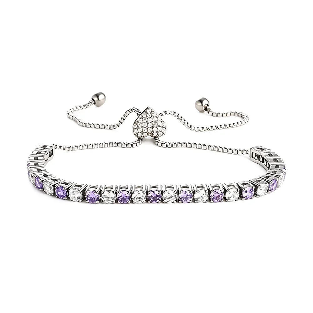 Radiant 316 Stainless Steel Purple CZ Tennis Bracelet - mm Silver Heart Purple White CZ