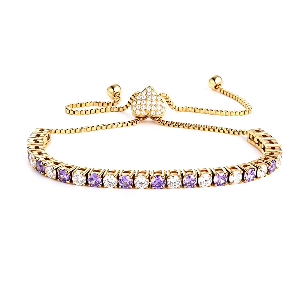 Radiant 316 Stainless Steel Purple CZ Tennis Bracelet - mm Gold Heart Purple White CZ