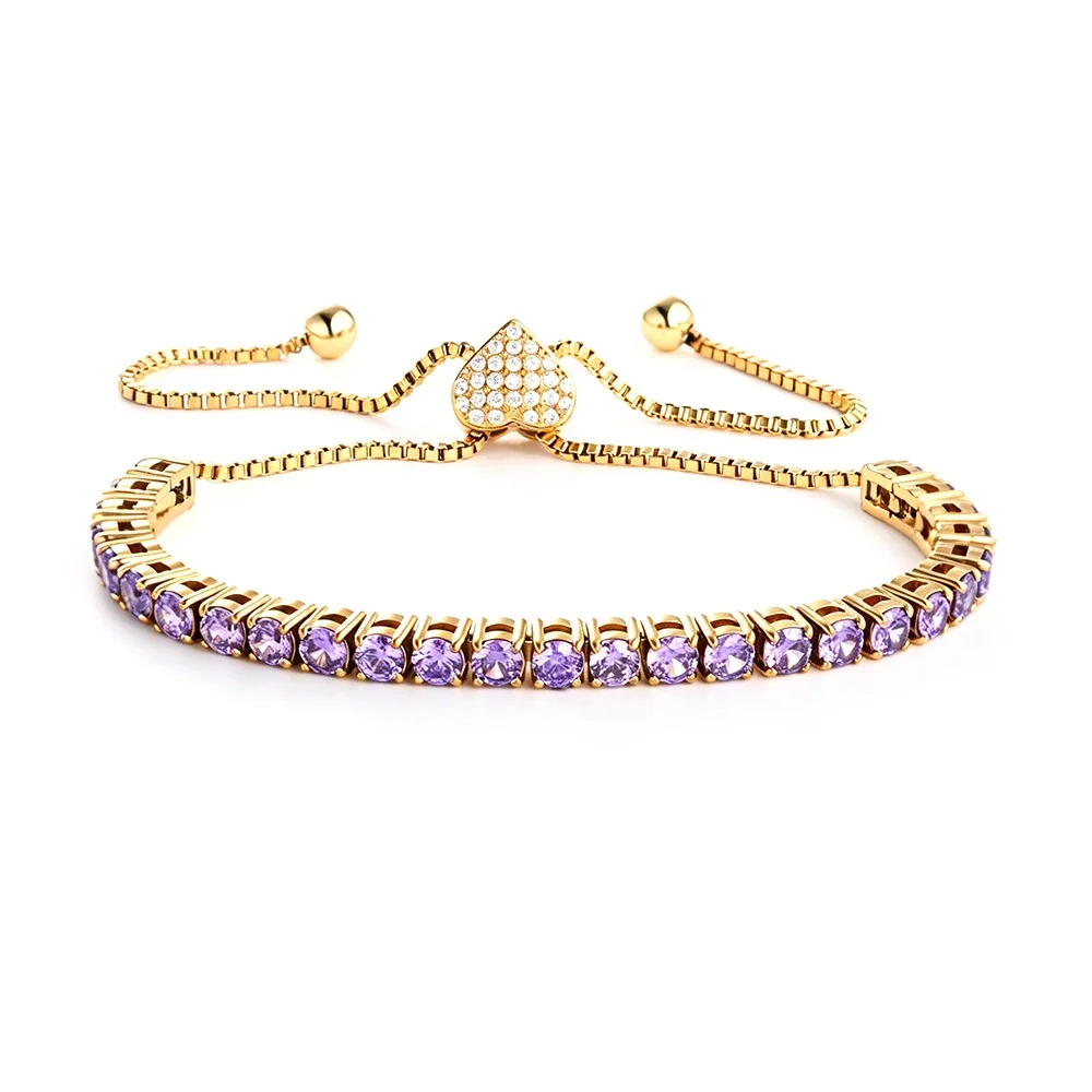 Radiant 316 Stainless Steel Purple CZ Tennis Bracelet - mm Gold Heart Purple CZ
