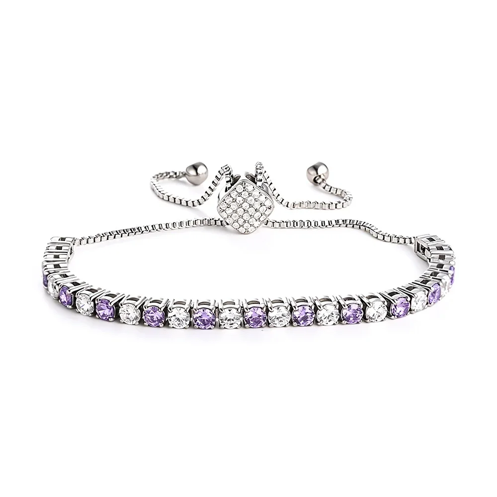 Radiant 316 Stainless Steel Purple CZ Tennis Bracelet - mm Silver Square Purple White CZ