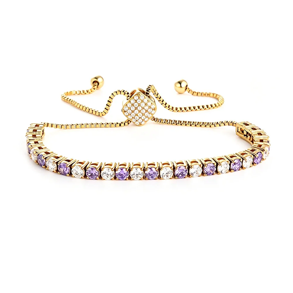 Radiant 316 Stainless Steel Purple CZ Tennis Bracelet - mm Gold Square Purple White CZ