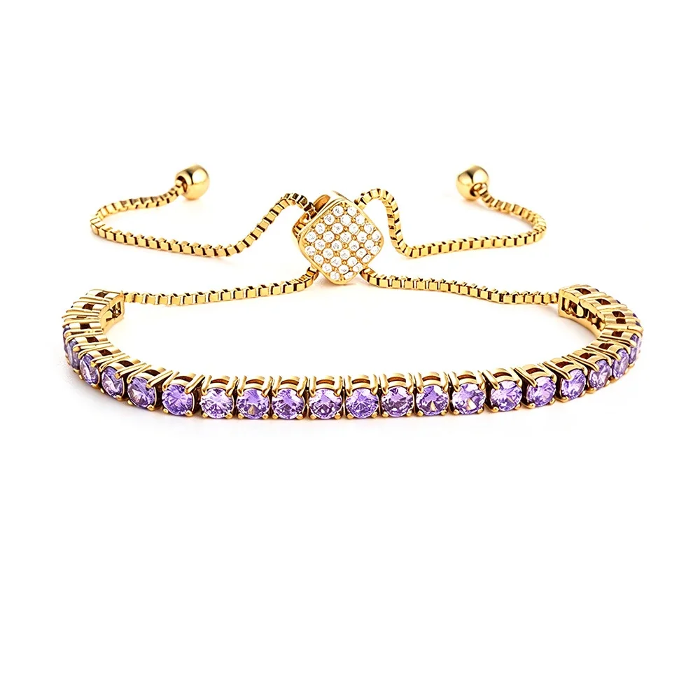 Radiant 316 Stainless Steel Purple CZ Tennis Bracelet - mm Gold Square Purple CZ