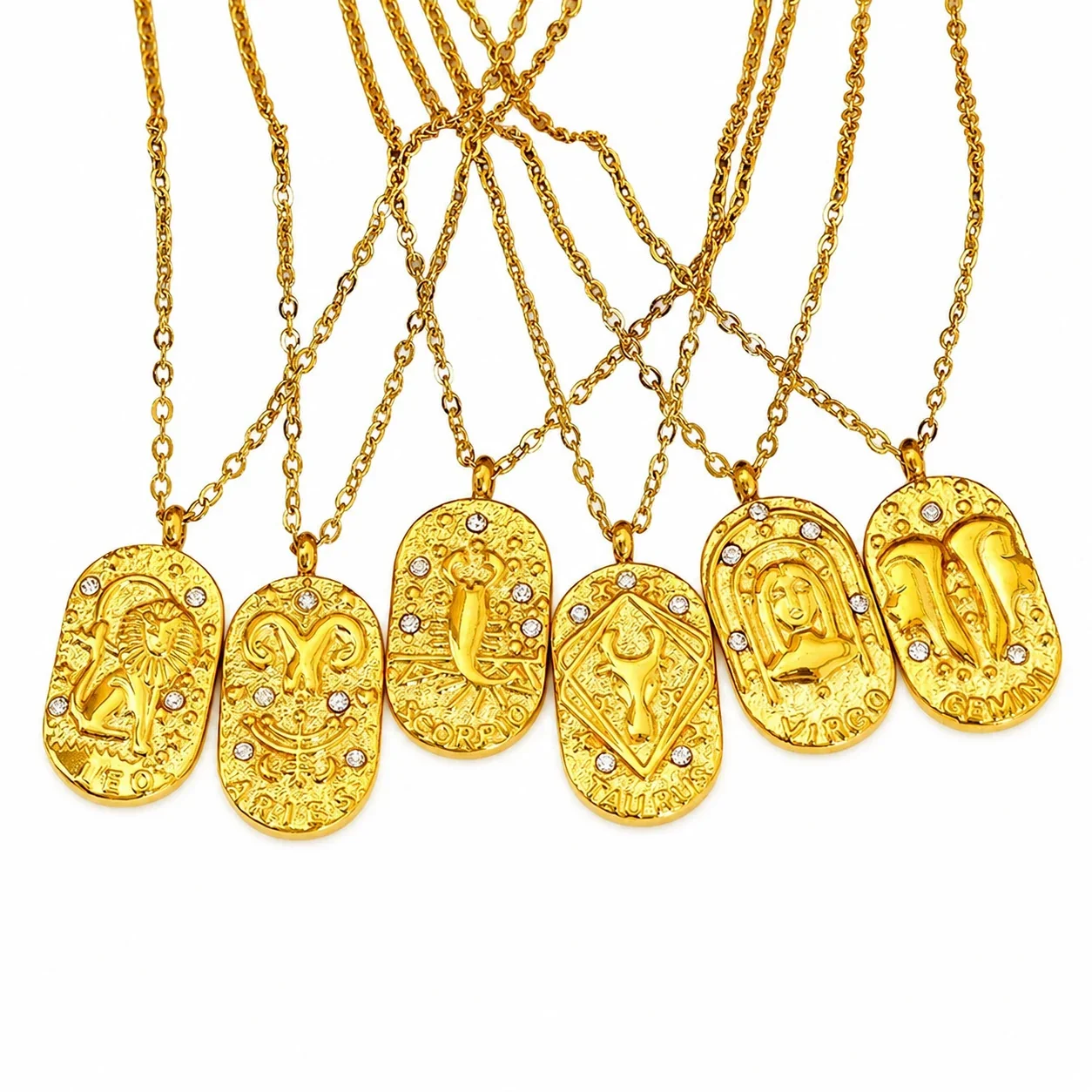 Celestial Gold-Plated Oval Zodiac CZ Pendant Necklace
