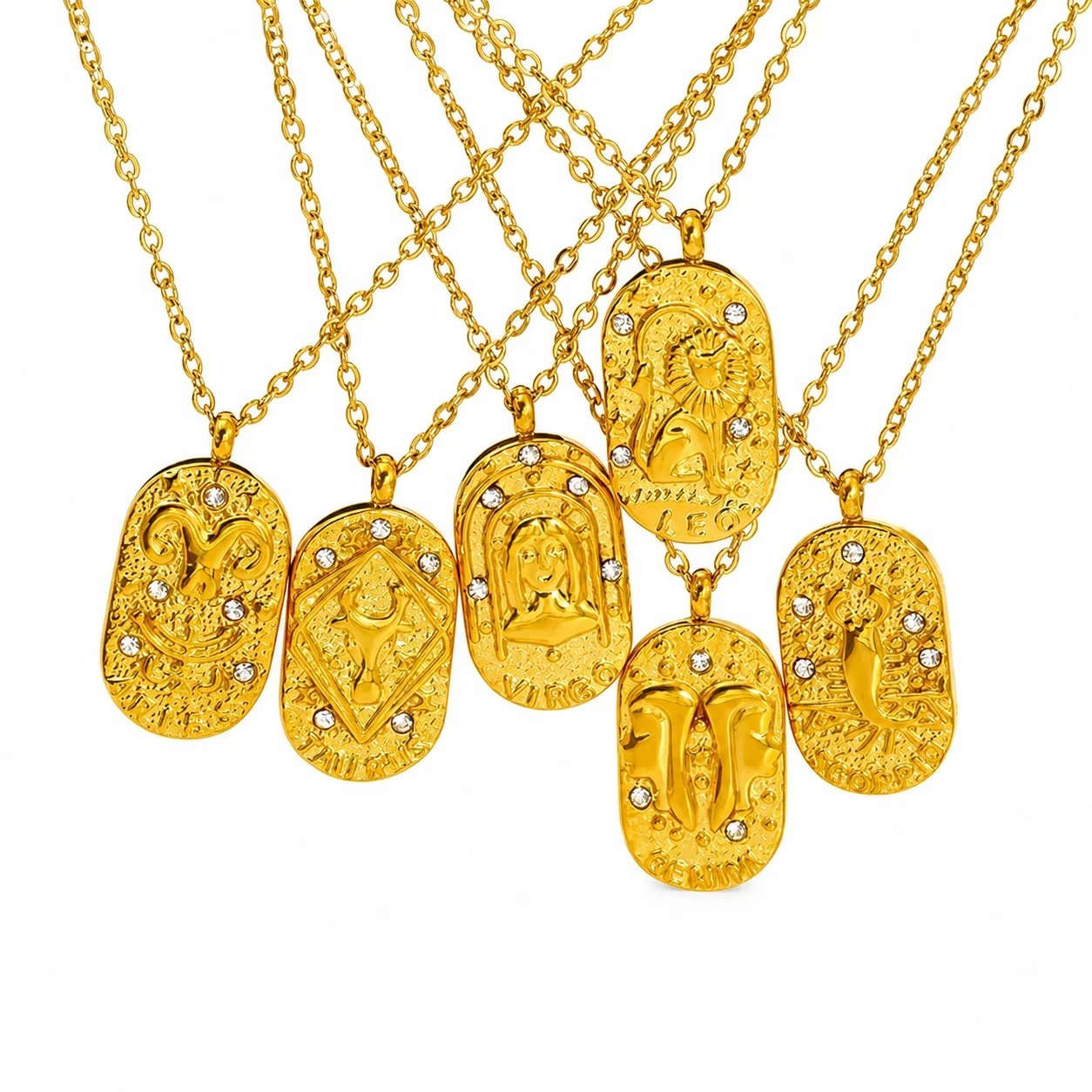 Celestial Gold-Plated Oval Zodiac CZ Pendant Necklace