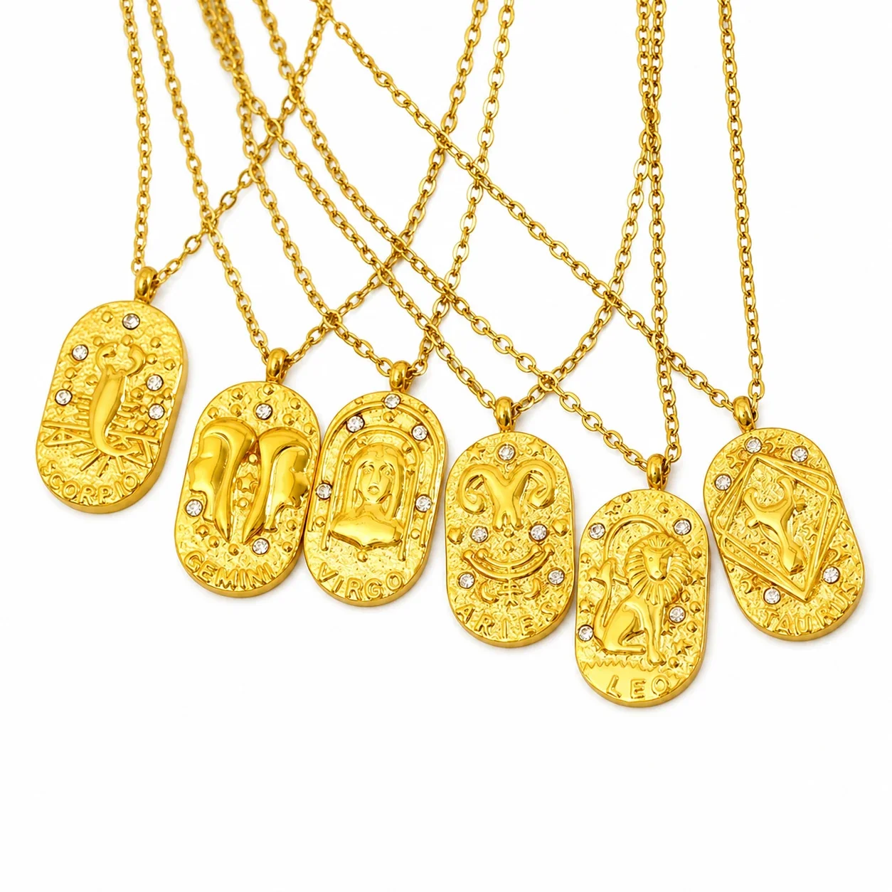 Celestial Gold-Plated Oval Zodiac CZ Pendant Necklace
