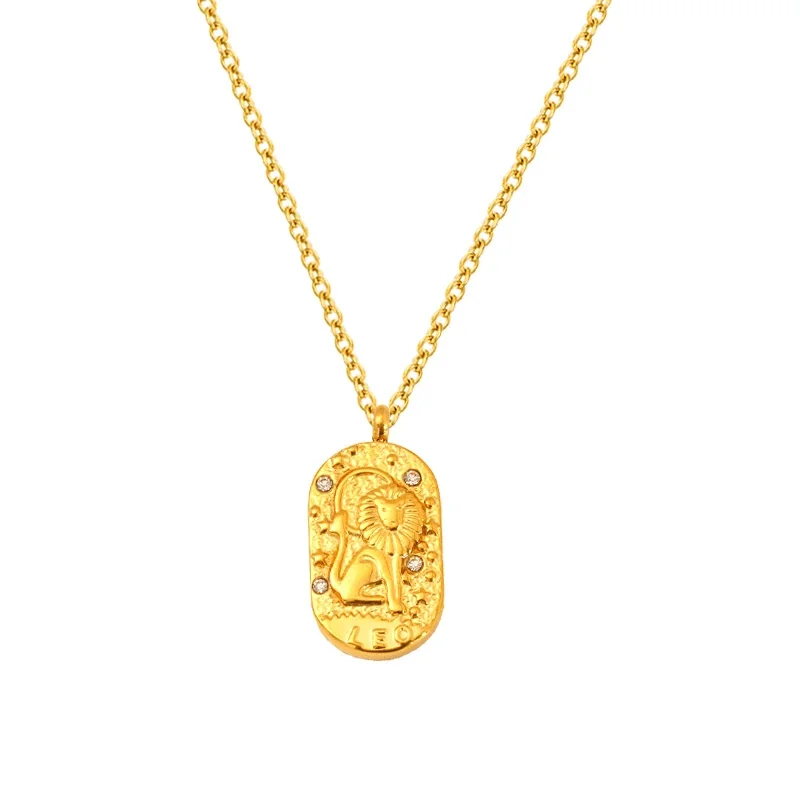 Celestial Gold-Plated Oval Zodiac CZ Pendant Necklace - Gold Leo