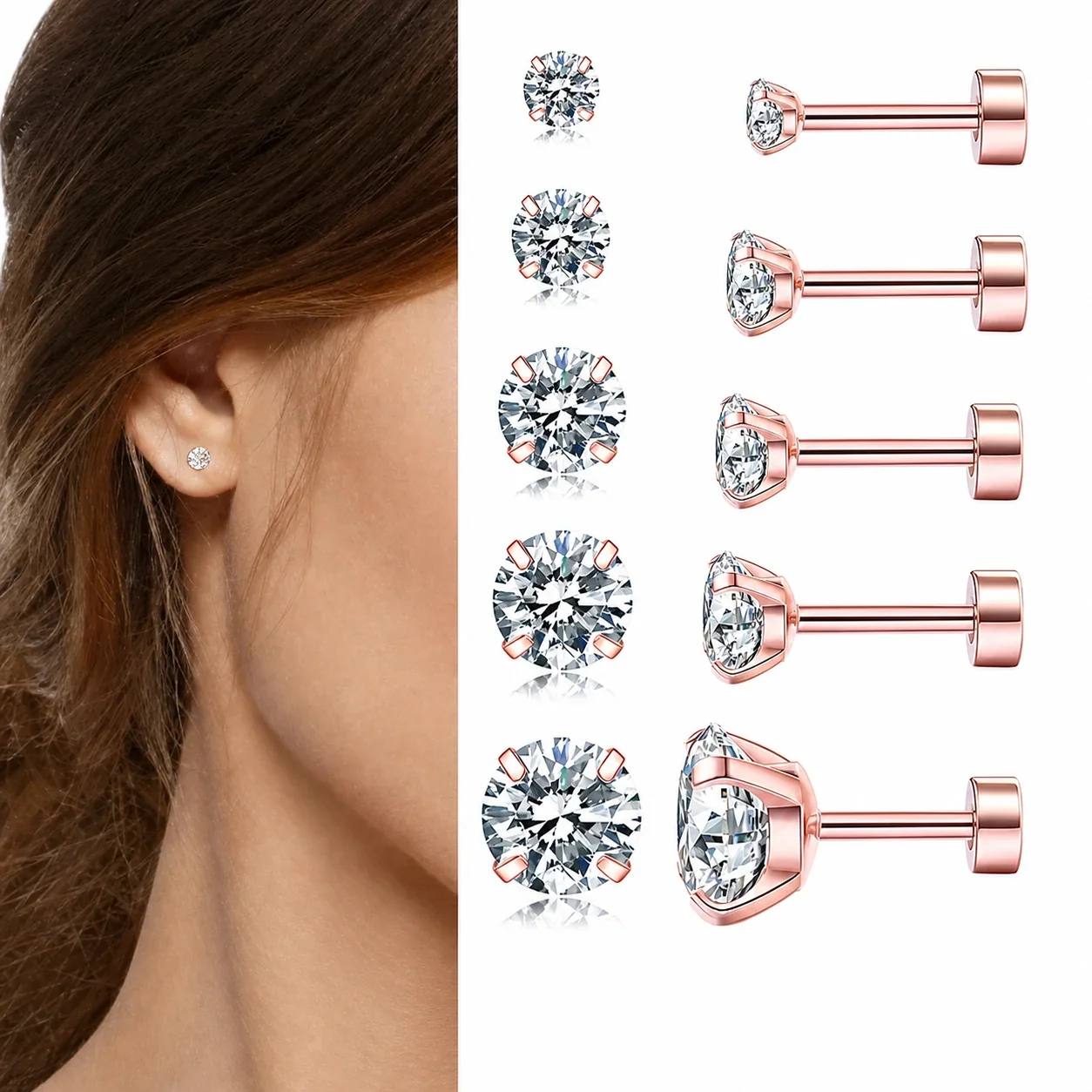 Polished 316 Stainless Steel Round CZ Stud Earrings