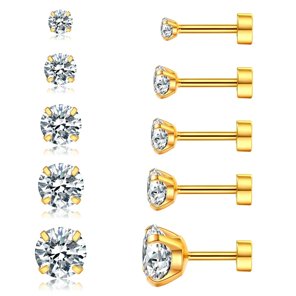 Polished 316 Stainless Steel Round CZ Stud Earrings - Gold Flat Back