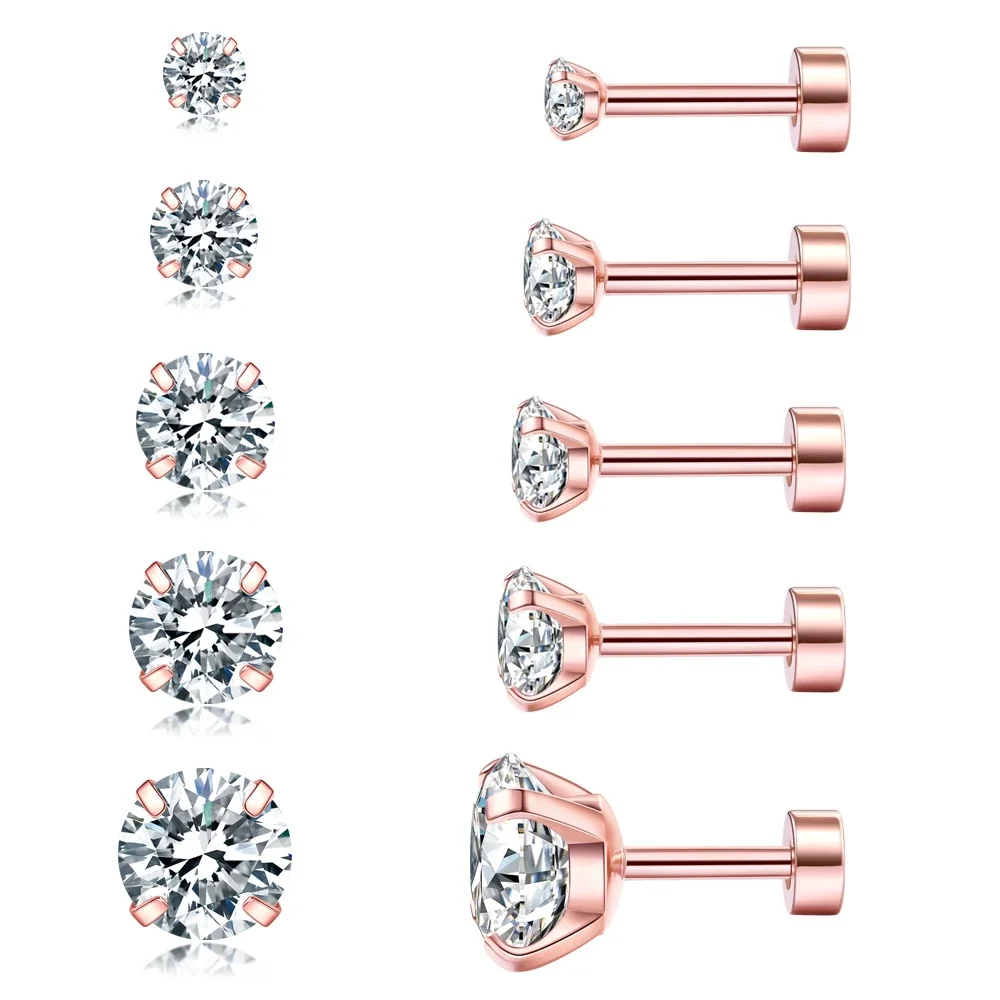 Polished 316 Stainless Steel Round CZ Stud Earrings - Silver Ball Back