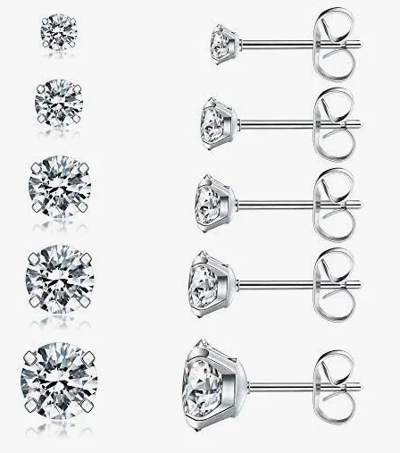 Polished 316 Stainless Steel Round CZ Stud Earrings - Silver Butterfly Back