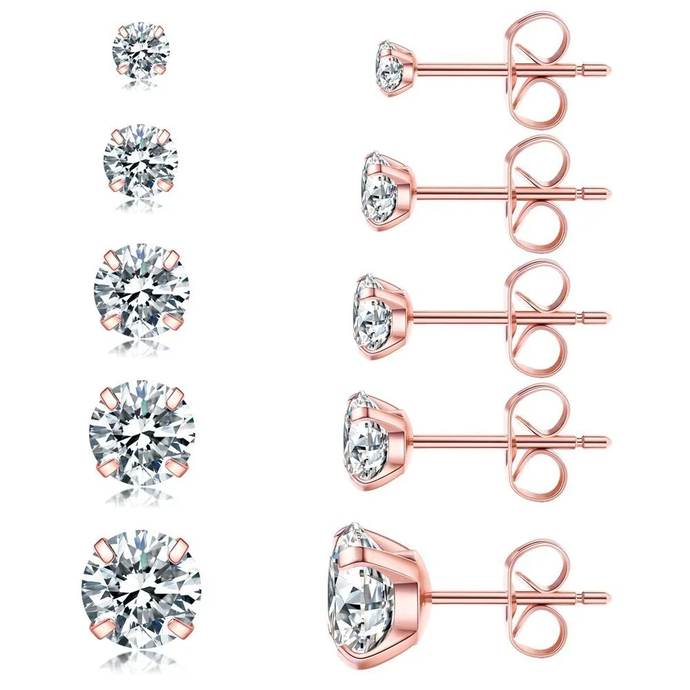 Polished 316 Stainless Steel Round CZ Stud Earrings - Rose Gold Butterfly Back