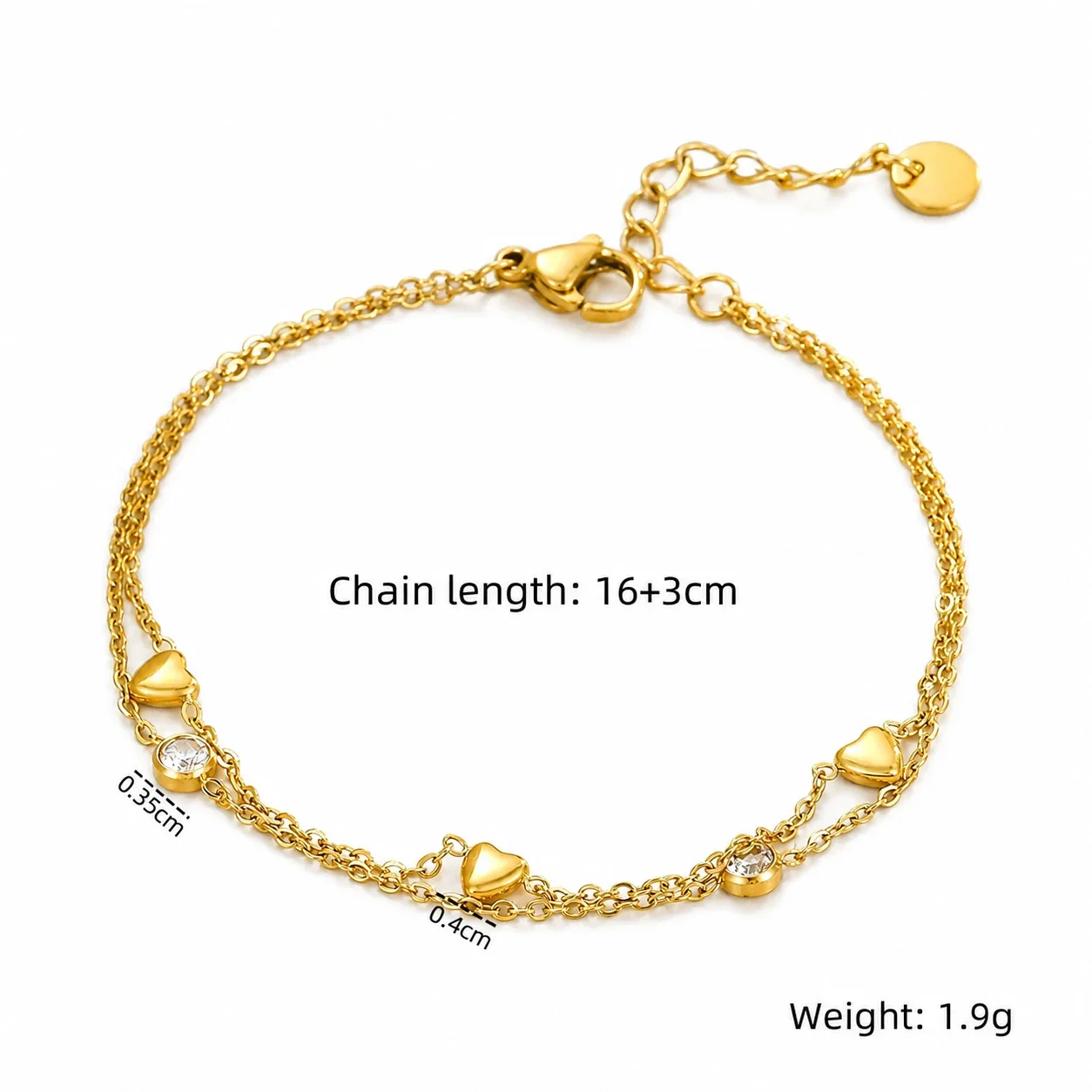 Romantic Gold-Plated Heart CZ Chain Bracelet - Gold Bead