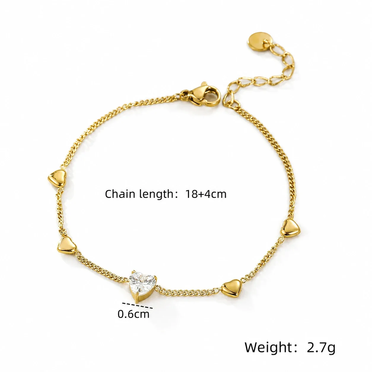 Romantic Gold-Plated Heart CZ Chain Bracelet - Gold Round Crystal