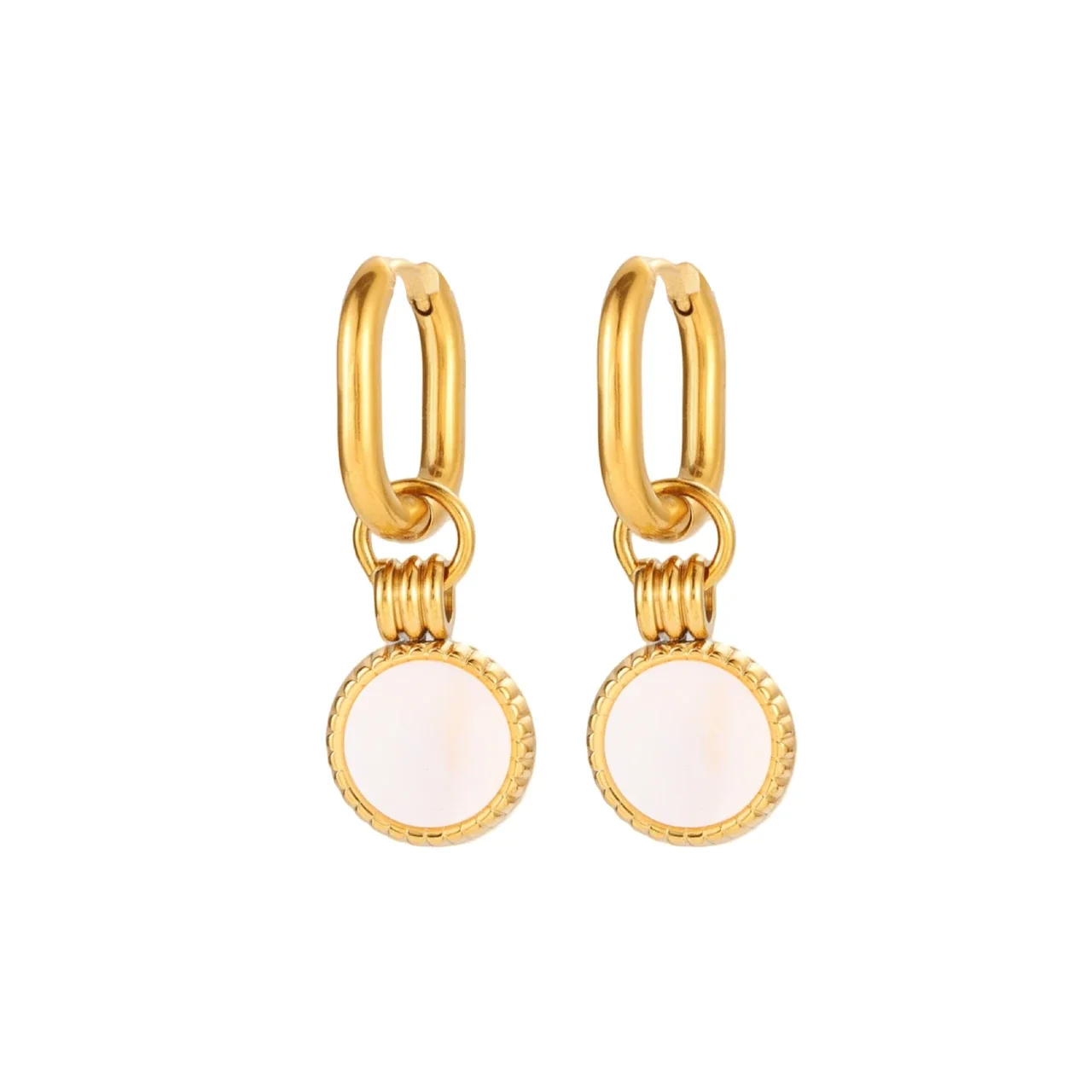 Brincos de Argola com Incrustação Oval em Concha, Aço Inoxidável 316 com PVD de Ouro 18K