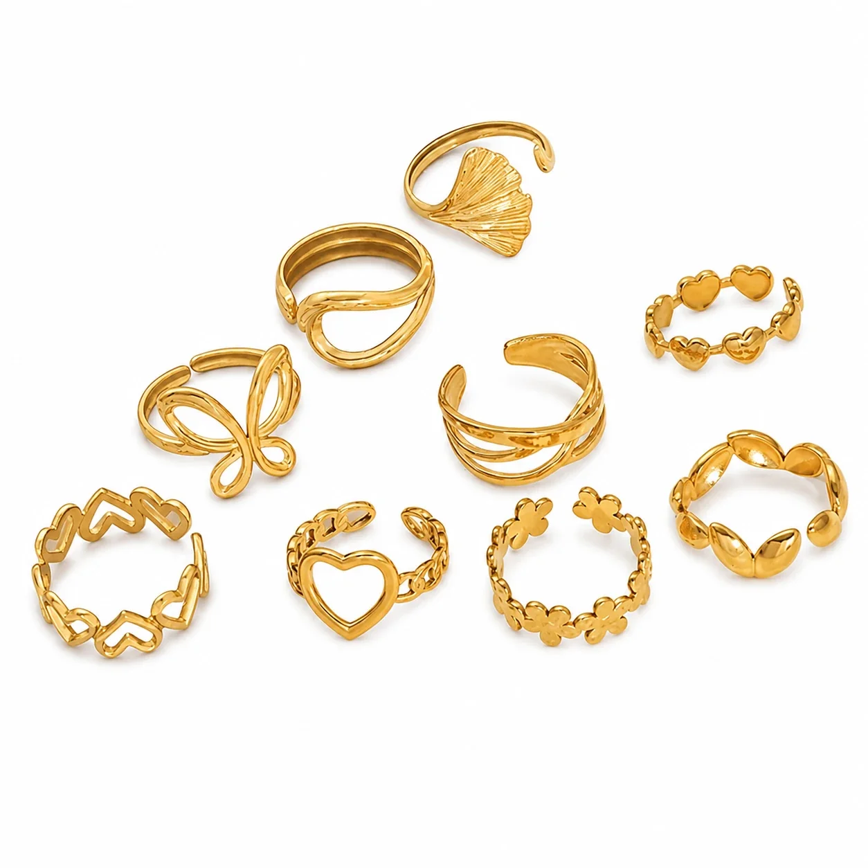 Romantic 18K Gold-Plated Open Heart Chain Ring