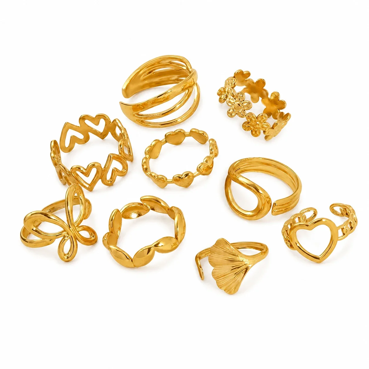 Romantic 18K Gold-Plated Open Heart Chain Ring