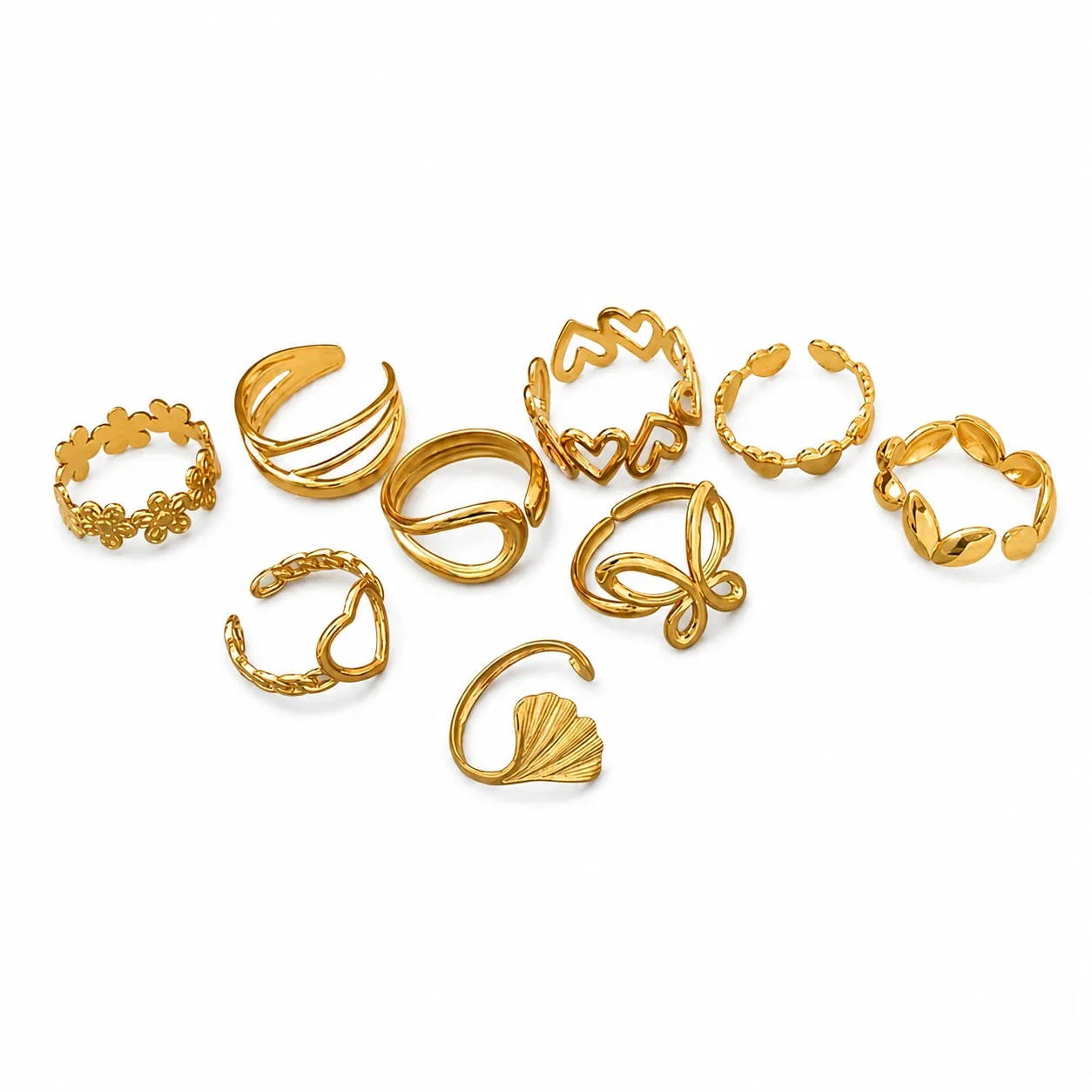 Romantic 18K Gold-Plated Open Heart Chain Ring