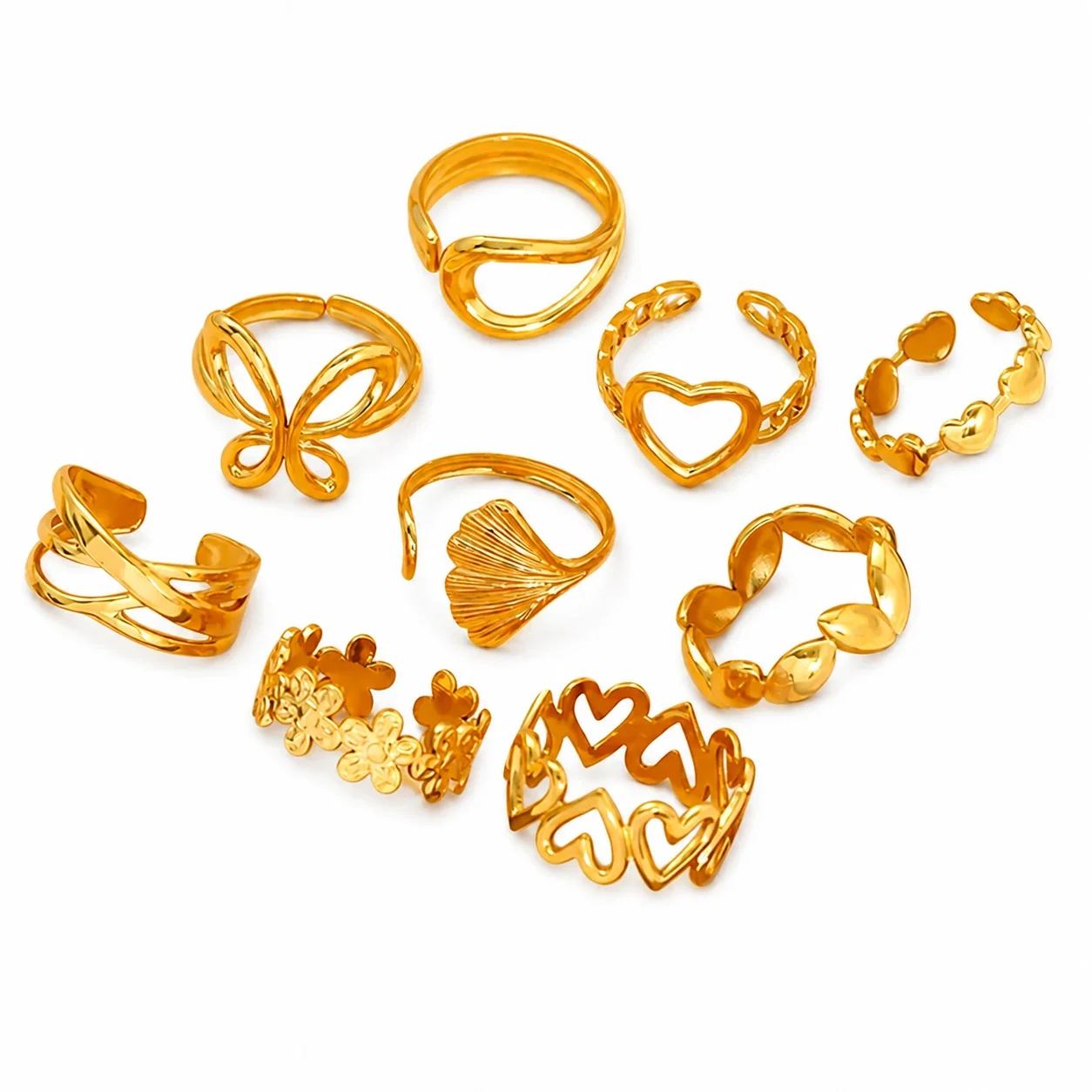 Romantic 18K Gold-Plated Open Heart Chain Ring