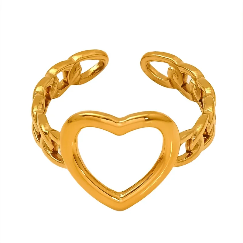 Romantic 18K Gold-Plated Open Heart Chain Ring