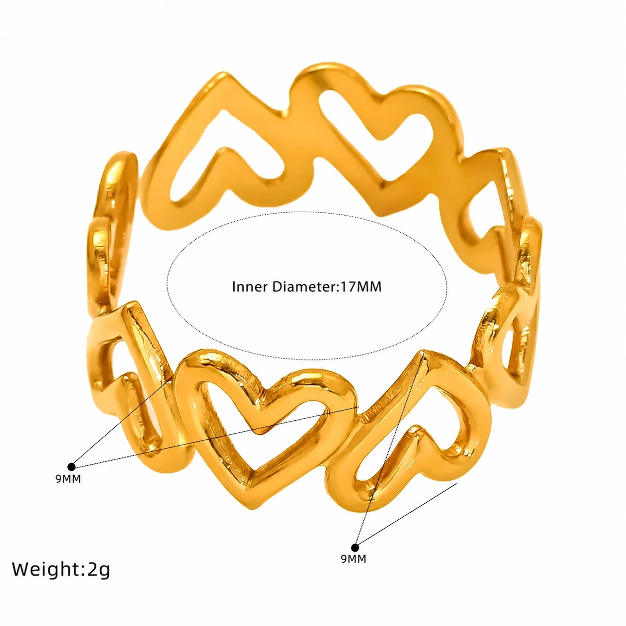 Romantic 18K Gold-Plated Open Heart Chain Ring - Gold Heart Band