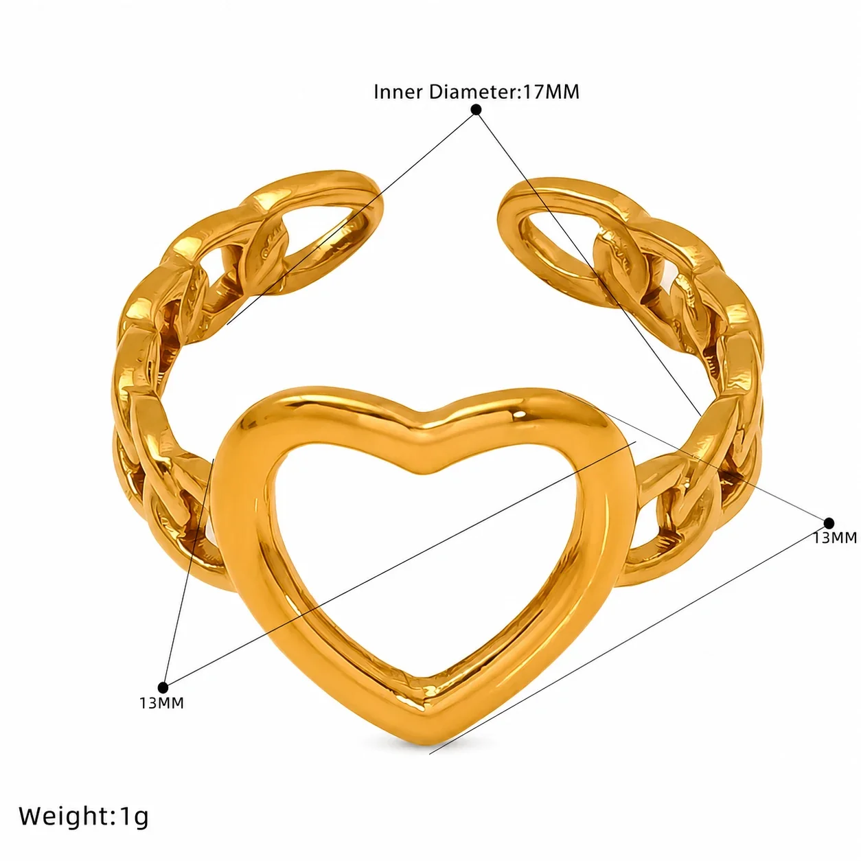 Romantic 18K Gold-Plated Open Heart Chain Ring - Gold Ginkgo Leaf