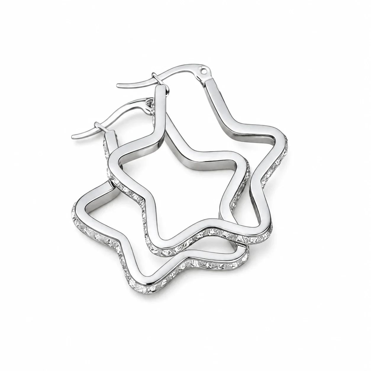 Sculptural Stainless Steel Star Hoop Earrings - Silver