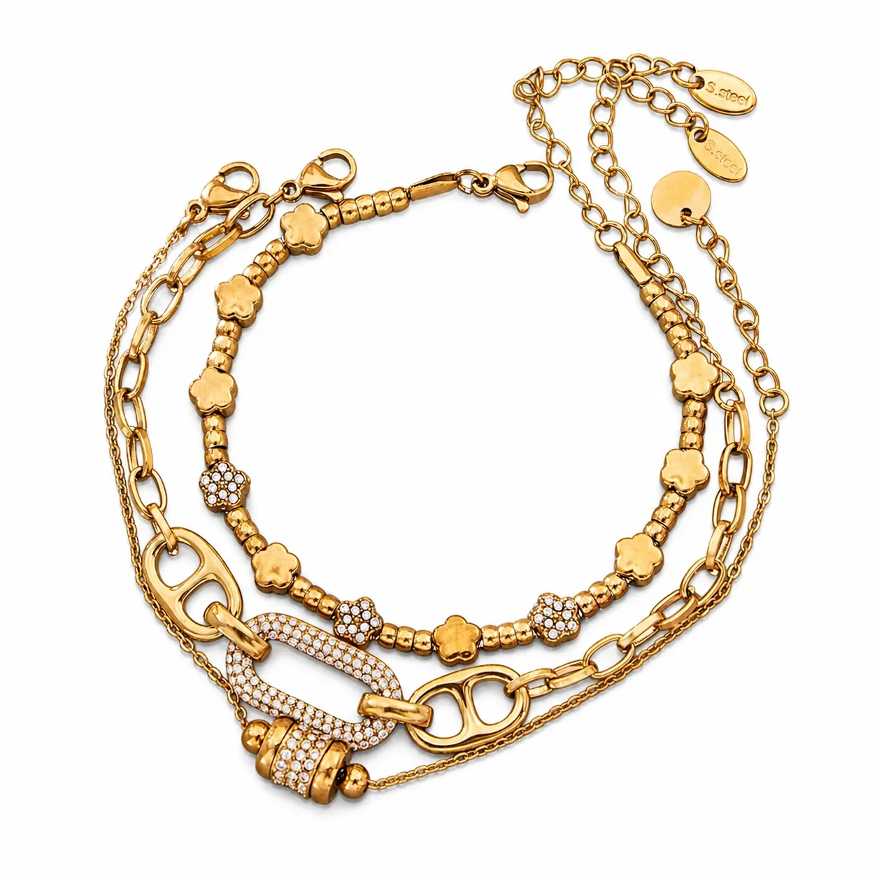 Gold-Plated Stainless Steel Clover CZ Bead Bracelet