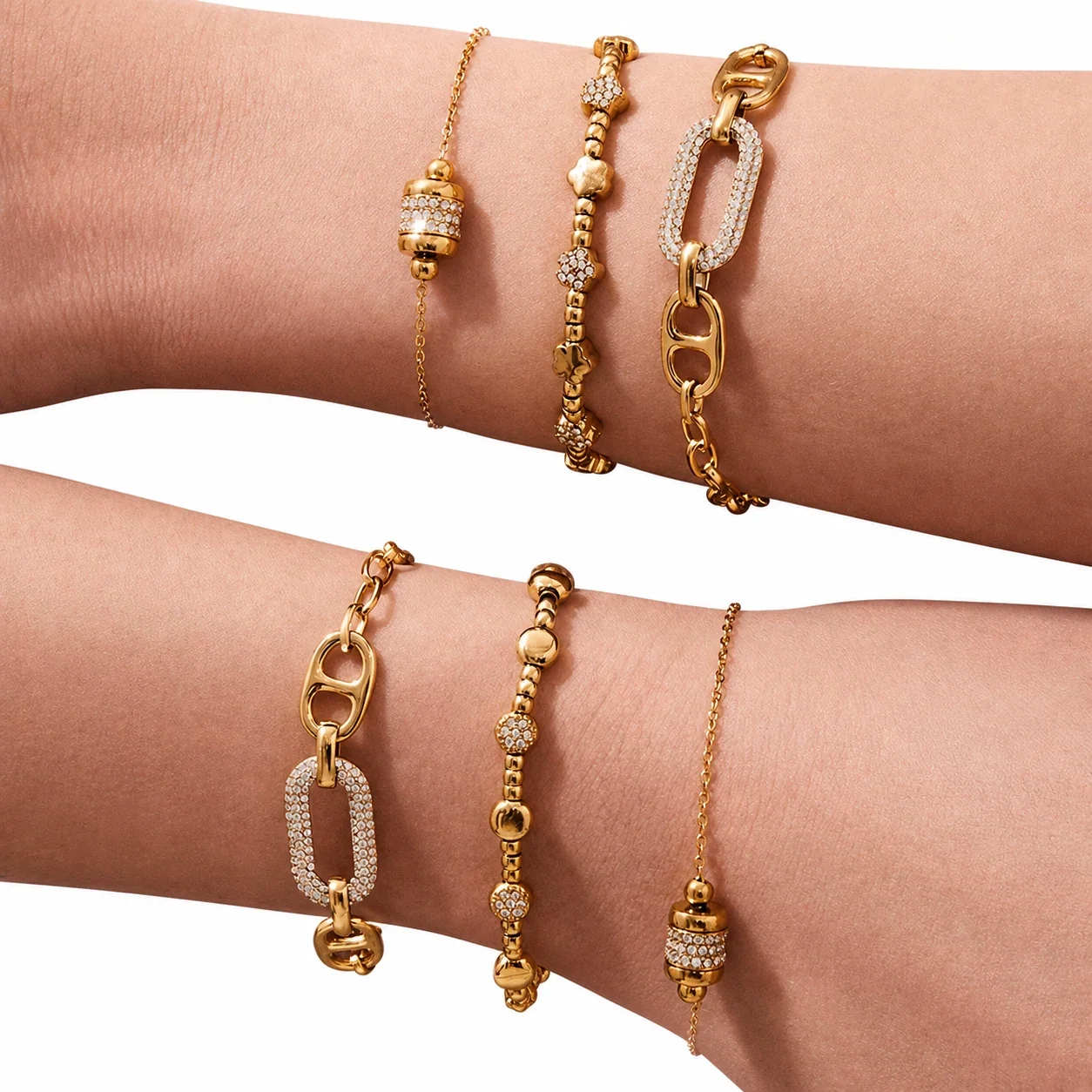 Gold-Plated Stainless Steel Clover CZ Bead Bracelet